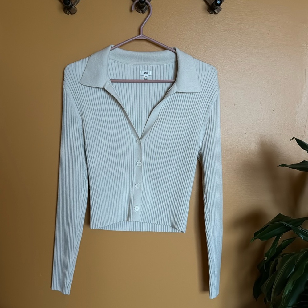 aerie Ribbed Button Front Polo Jumper Cropped Cardigan, Size Large
